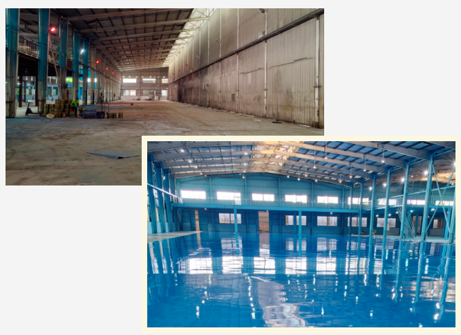 金剛砂地面原貌（左上圖）VS 地衛士滾面耐壓環氧地坪漆完工圖（右下圖）